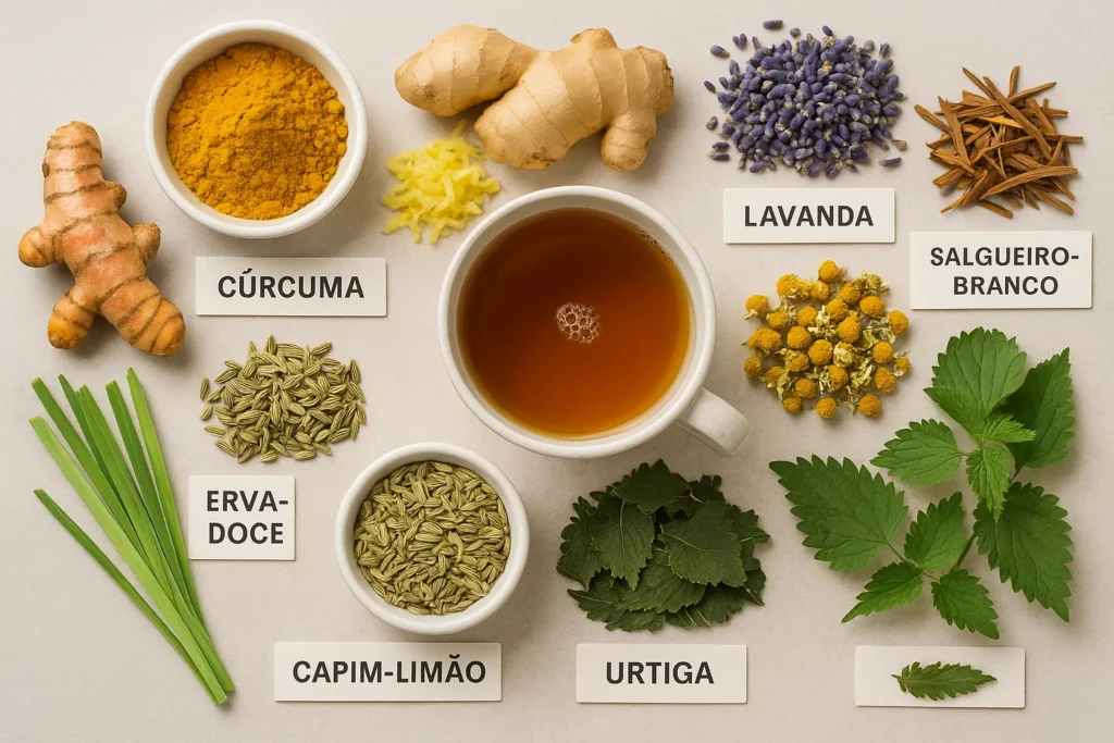 Ingredientes naturais de chás para aliviar dores no corpo, como cúrcuma, gengibre e camomila